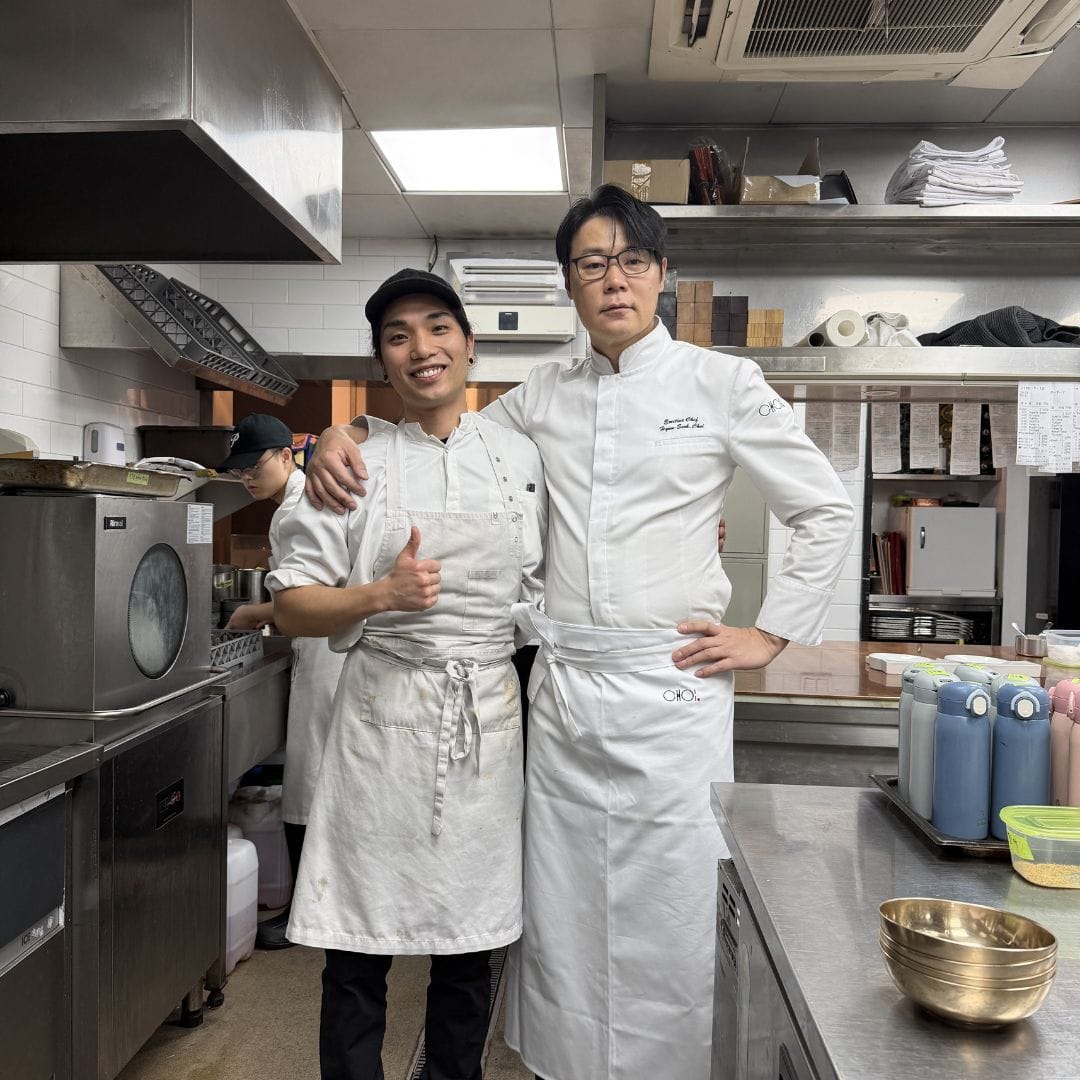 Chef DK with Chef Choi in the kitchen at Choi Dot, during his stage in January 2026