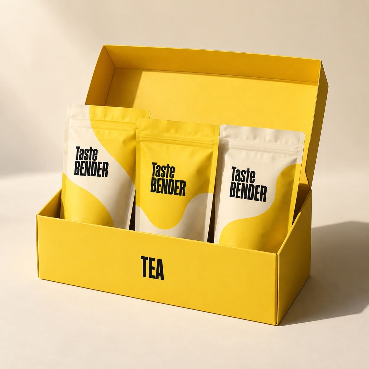 Illustrative Taste Bender tea discovery-set packaging; concept, not a final product