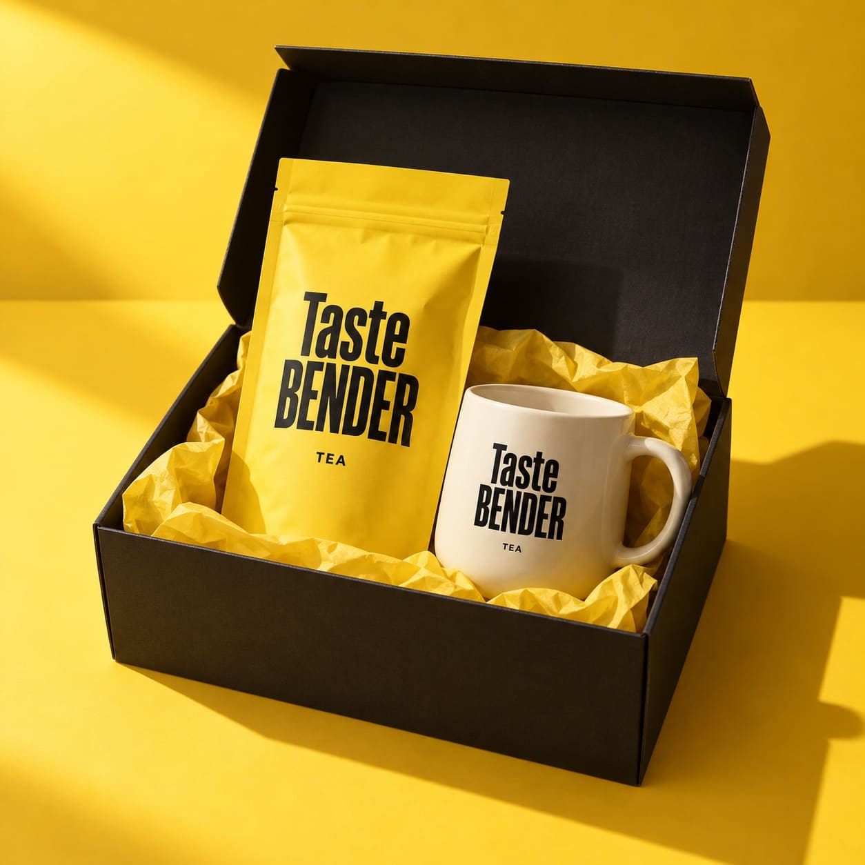 Illustrative Taste Bender tea gift box and mug; concept, not confirmed box contents
