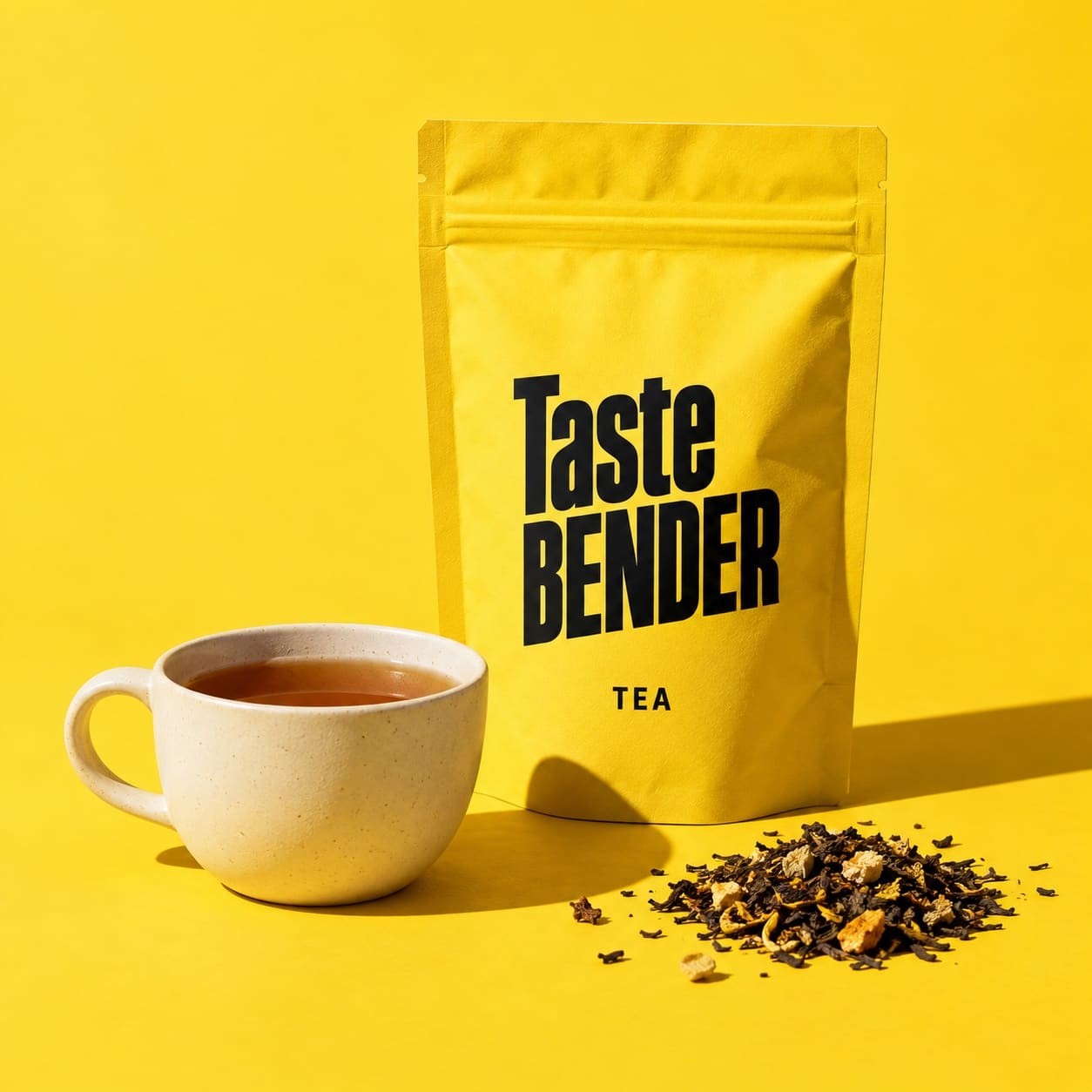 Illustrative Taste Bender tea packaging with a cup of tea; concept, not a final product